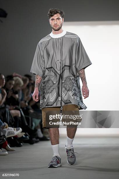 Model runs the runway at the Sadak Show during the Mercedes-Benz Fashion Week Berlin A/W 2017 at Kaufhaus Jandorf in Berlin, Germany on January 20,...