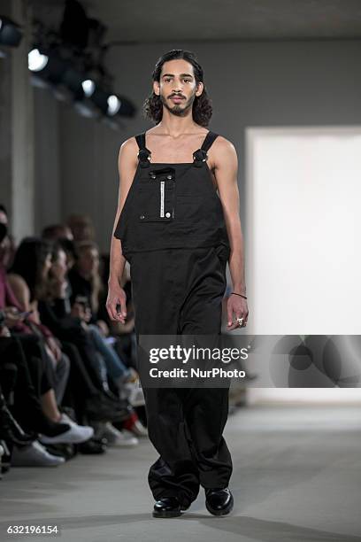 Model runs the runway at the Sadak Show during the Mercedes-Benz Fashion Week Berlin A/W 2017 at Kaufhaus Jandorf in Berlin, Germany on January 20,...