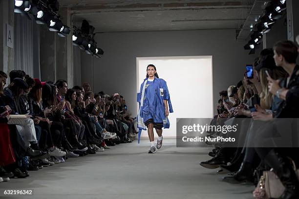 Model runs the runway at the Sadak Show during the Mercedes-Benz Fashion Week Berlin A/W 2017 at Kaufhaus Jandorf in Berlin, Germany on January 20,...