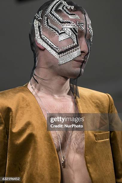 Model runs the runway at the Sadak Show during the Mercedes-Benz Fashion Week Berlin A/W 2017 at Kaufhaus Jandorf in Berlin, Germany on January 20,...