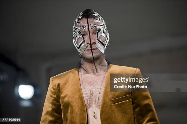 Model runs the runway at the Sadak Show during the Mercedes-Benz Fashion Week Berlin A/W 2017 at Kaufhaus Jandorf in Berlin, Germany on January 20,...