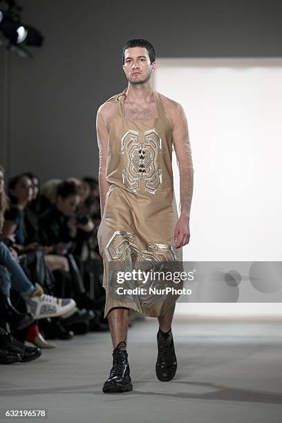 Model runs the runway at the Sadak Show during the Mercedes-Benz Fashion Week Berlin A/W 2017 at Kaufhaus Jandorf in Berlin, Germany on January 20,...