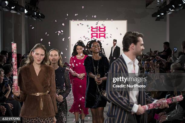 Models run the runway at the Riani show during the Mercedes-Benz Fashion Week Berlin A/W 2017 at Kaufhaus Jandorf in Berlin, Germany on January 17,...