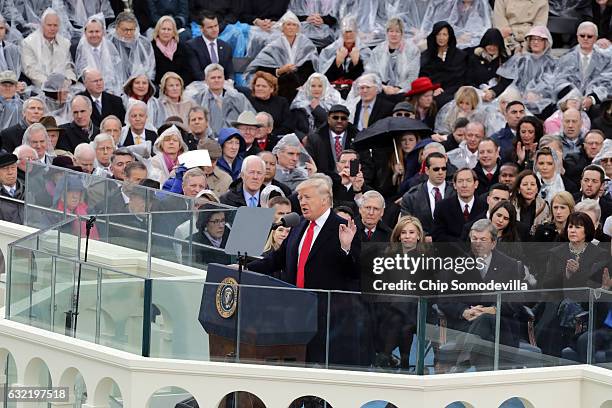 President Donald Trump delivers his inaugural address on the West Front of the U.S. Capitol on January 20, 2017 in Washington, DC. In today's...