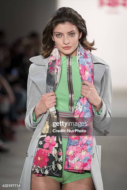 Model runs the runway at the Riani show during the Mercedes-Benz Fashion Week Berlin A/W 2017 at Kaufhaus Jandorf in Berlin, Germany on January 17,...