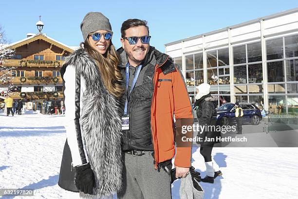 Austrian real estate tycoon Rene Benko and his wife Nathalie Benko poses for a picture during the Super G run on January 20, 2017 in Kitzbuehel,...