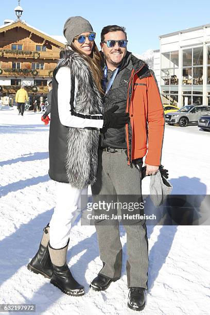 Austrian real estate tycoon Rene Benko and his wife Nathalie Benko poses for a picture during the Super G run on January 20, 2017 in Kitzbuehel,...