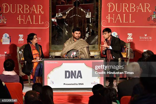 Reba Som, Hindol Sengupta, Makarand Paranjape during 'The Master: Vivekanand and his teachings' session at the Jaipur Literature Fest 2017 on January...