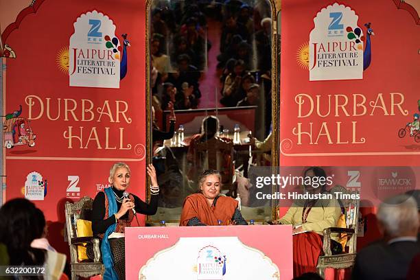 Vayu Naidu, Arshia Sattar and Volga speak at 'Uttara Kanda: Searching Sita' session at the Jaipur Literature Fest 2017 on January 20, 2017 in Jaipur,...