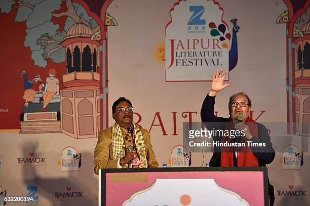 Pavan K. Verma and Saeed Naqvi speak at 'Across the Rivers: Ganga Jamuni Tehzeeb' session at the Jaipur Literature Fest 2017 on January 20, 2017 in...
