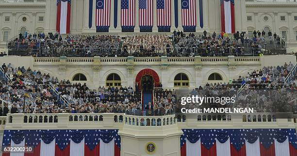 President Donald Trump addresses the crowd after taking the oath of allegiance during his swearing-in ceremony on January 20, 2017 at the US Capitol...