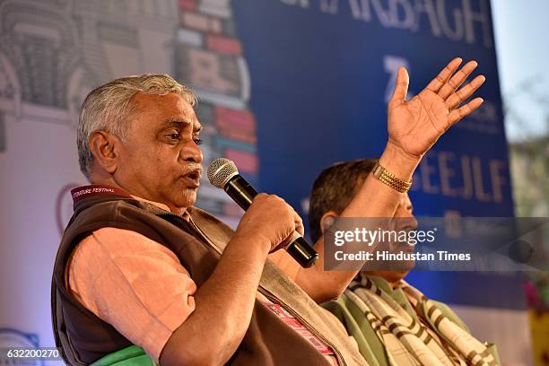 Publicity Chief Manmohan Vaidya speaks at ‘Saffron and the Sangha’ session at the Jaipur Literature Fest 2017 on January 20, 2017 in Jaipur, India....