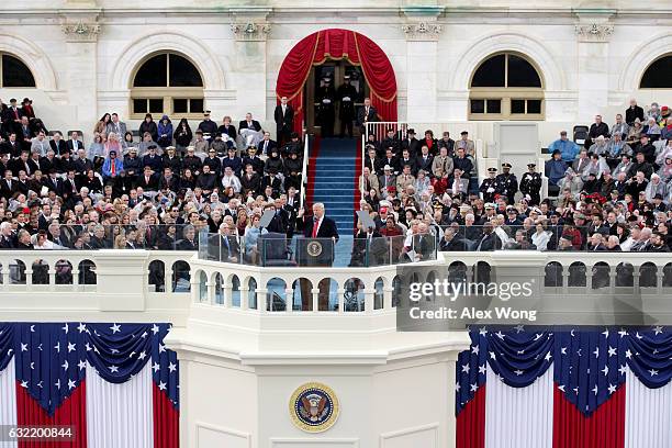 President Donald Trump delivers his inaugural address on the West Front of the U.S. Capitol on January 20, 2017 in Washington, DC. In today's...