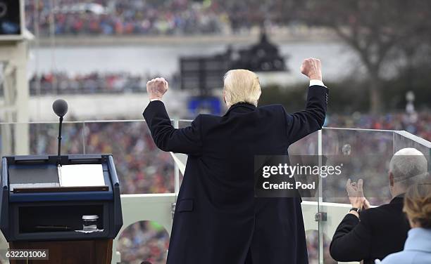 President Donald Trump celebrates after his speech during the Presidential Inauguration at the US Capitol on January 20, 2017 in Washington, DC....