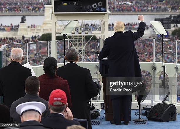 President Donald Trump celebrates after his speech during the Presidential Inauguration at the US Capitol on January 20, 2017 in Washington, DC....