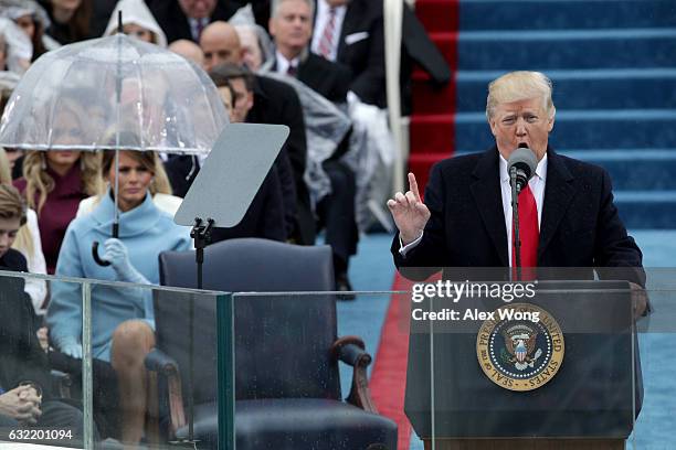 President Donald Trump delivers his inaugural address on the West Front of the U.S. Capitol on January 20, 2017 in Washington, DC. In today's...