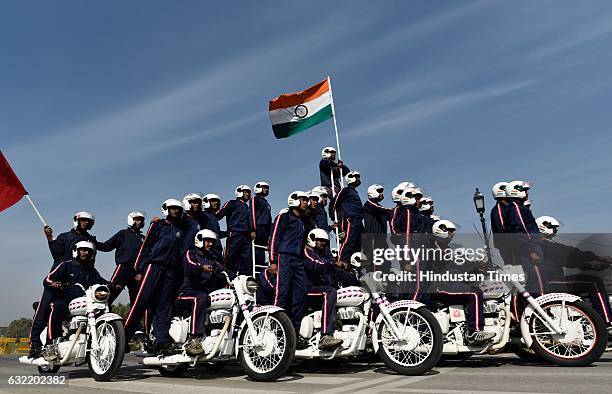 The soldiers of Indian Army seen on Motor Bikes at Rajpath during the rehearsal of Republic Day Parade on January 20, 2017 in New Delhi, India....