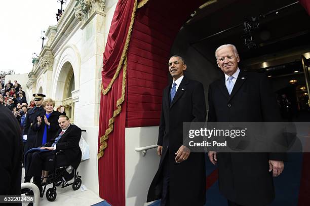 President Barack Obama and Vice President Joe Biden arrive for the Presidential Inauguration of Donald Trump at the US Capitol on January 20, 2017 in...