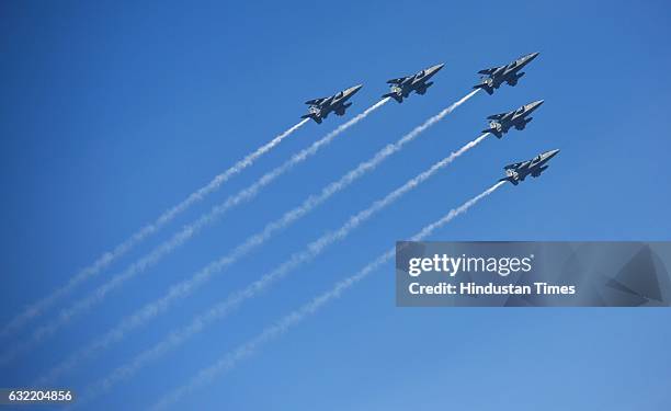 Indian Air Force Jaguars as they as they fly over Rajpath during the rehearsal of Republic Day Parade on January 20, 2017 in New Delhi, India....