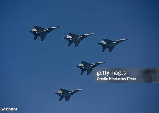 Fighter MiG-29 upgraded as they fly over Rajpath during the rehearsal of Republic Day Parade on January 20, 2017 in New Delhi, India. Republic Day...