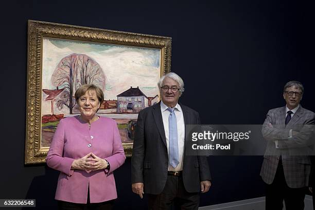 German Chancellor Angela Merkel, Hasso Plattner and Bill Gates pose infront of a painting by Edward Munch during the official opening of the...