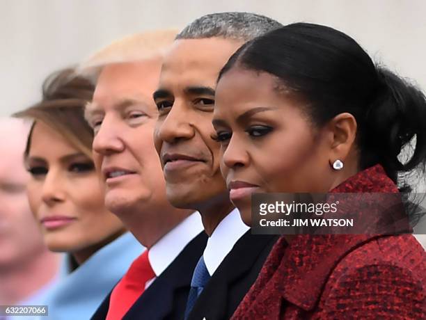 First Lady Melania Trump, President Donald Trump,former President Barack Obama, Michelle Obama at the US Capitol after inauguration ceremonies at the...