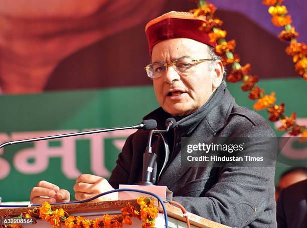 Union Finance Minister Arun Jaitley addressing gathering during the Tridev Sammelan at Chambi Ground, Shahpur on January 20, 2017 near Dharamsala,...