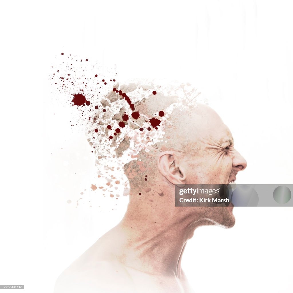 Caucasian man with exploding head