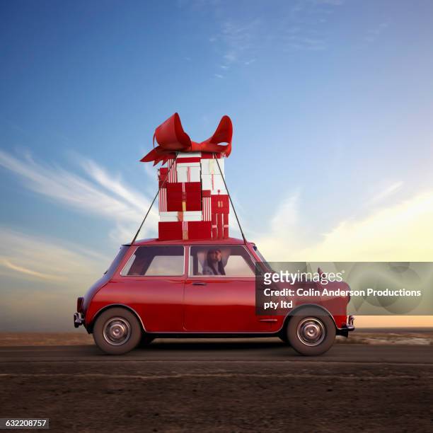 pacific islander woman hauling gifts on car - christmas driving stock illustrations