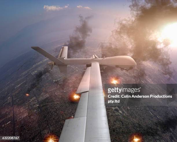 aerial view of drone flying over war torn landscape - drone 幅插畫檔、美工圖案、卡通及圖標