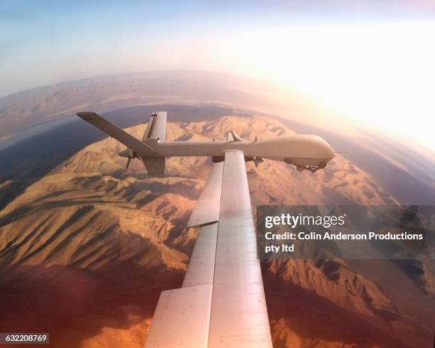 Aerial View Of Drone Flying Over Desert Landscape, Foto de stock