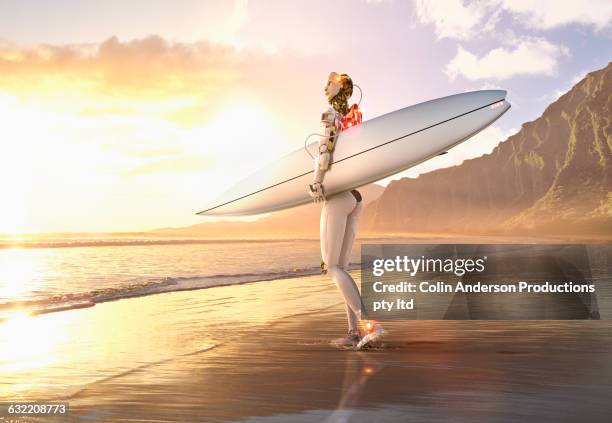 android carrying surfboard on beach - surfboard stock illustrations stock illustrations