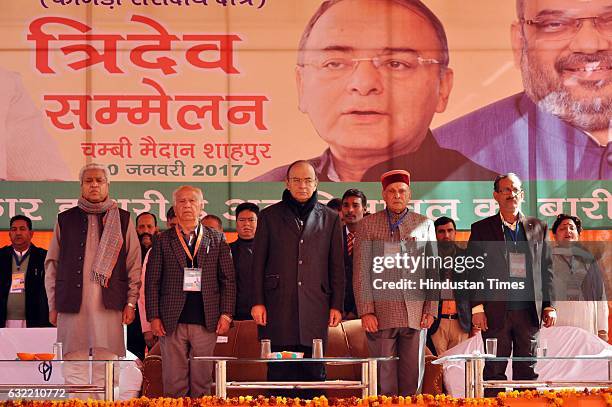 Ram Lal, BJP National Organisation Secretary, MP Shanta Kumar, Union Finance Minister Arun Jaitley and former Chief Minister Prem Kumar Dhumal along...