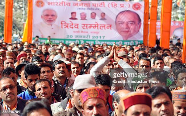 Workers during the Tridev Sammelan at Chambi Ground, Shahpur on January 20, 2017 near Dharamsala, India. Tridev Sammelan is organised by BJP to...