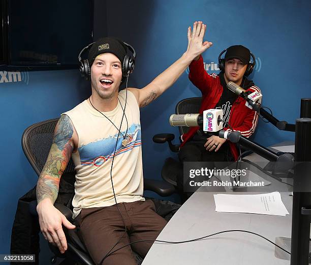 Musicians Josh Dun and Tyler Joesph of Twenty One Pilots visit SiriusXM's Hits 1 at SiriusXM Studios on January 20, 2017 in New York City.