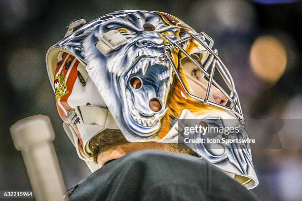 Mask detail of New York Islanders Goalie Thomas Greiss during the Dallas Stars and New York Islanders NHL game on January 19 at Barclays Center in...