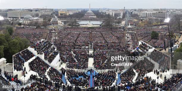 Panoramic view of US President Donald Trump's Inauguration is seen on January 20, 2017 at the US Capitol in Washington, DC on January 20, 2017.
