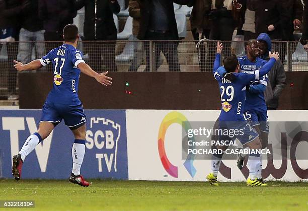 Bastia's French midfielder Prince Oniangue celebrates after scoring a goal during the L1 football match Bastia against Nice on January 20, 2017 in...