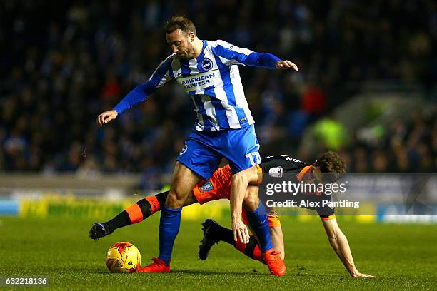 Glenn Murray of Brighton and Hove Albion holds off Sam Hutchinson of Sheffield Wednesday during the Sky Bet Championship match between Brighton &...