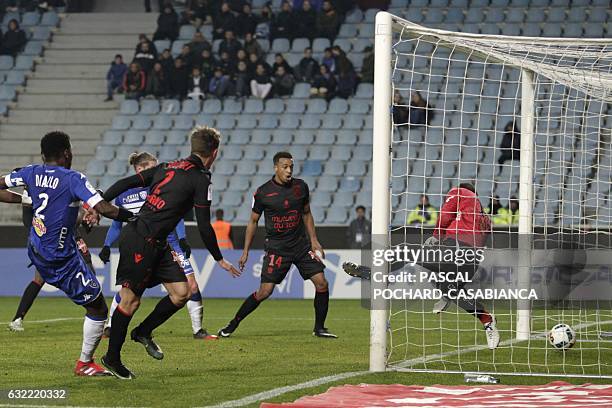 Nice's defender Arnaud Souquet scores a goal during the L1 football match between Bastia and Nice on January 20, 2017 at the Armand Cesari stadium in...