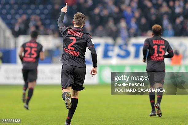 Nice's defender Arnaud Souquet celebrates after scoring a goal during the L1 football match between Bastia and Nice on January 20, 2017 at the Armand...