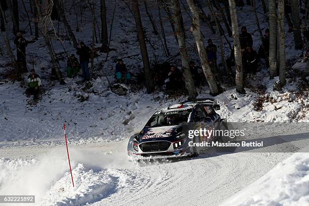 Sebastien Ogier of France and Julien Ingrassia of France compete in their M-Sport WRT Ford Fiesta WRC during Day Two of the WRC Montecarlo on January...