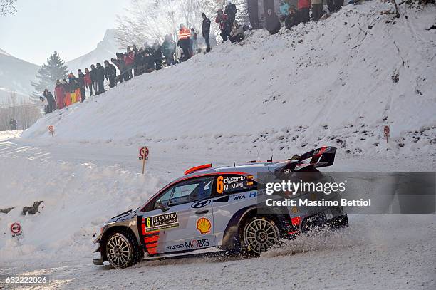 Daniel Sordo of Spain and Marc Marti of Spain compete in their Hyundai Motorsport WRT Hyundai i20 coupè WRC during Day Two of the WRC Montecarlo on...