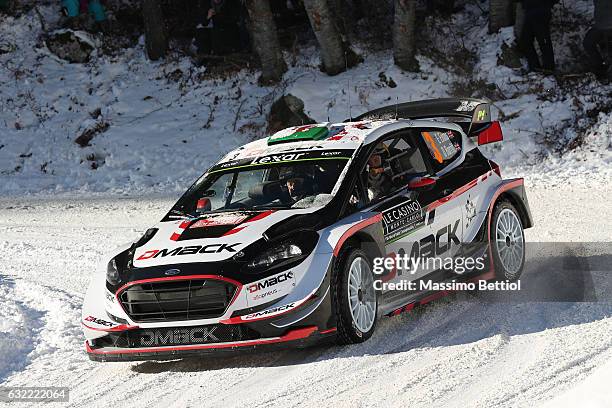 Elfyn Evans of Great Britain and Daniel Barritt of Great Britain compete in their M-Sport WRT Ford Fiesta WRC during Day Two of the WRC Montecarlo on...