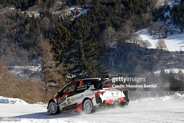 Juho Hanninen of Finland and Kaj Lindstrom of Finland compete in their Toyota Gazoo Racing WRT Toyota Yaris WRC during Day Two of the WRC Montecarlo...