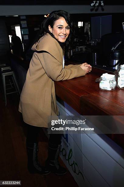 Emmanuelle Chriqui warms up at the SPLENDA® Naturals café on January 20th in Park City, Utah.