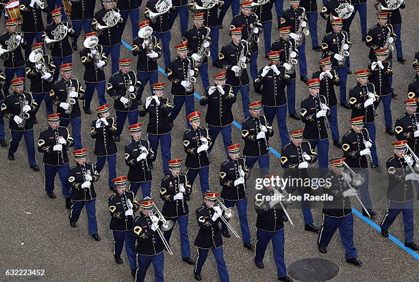 Military band marches during the Inaugural Parade on January 20, 2017 in Washington, DC. Donald J. Trump was sworn in today as the 45th president of...