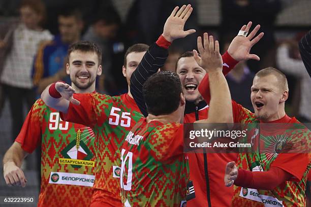 Barys Pukhouski of Belarus celebrates with team mates after the 25th IHF Men's World Championship 2017 match between Belarus and Hungary at Kindarena...