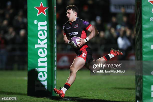 Damien Hoyland of Edinburgh scores his teams sixth try during the European Rugby Challenge Cup match between Edinburgh Rugby and Timisoara Saracens...