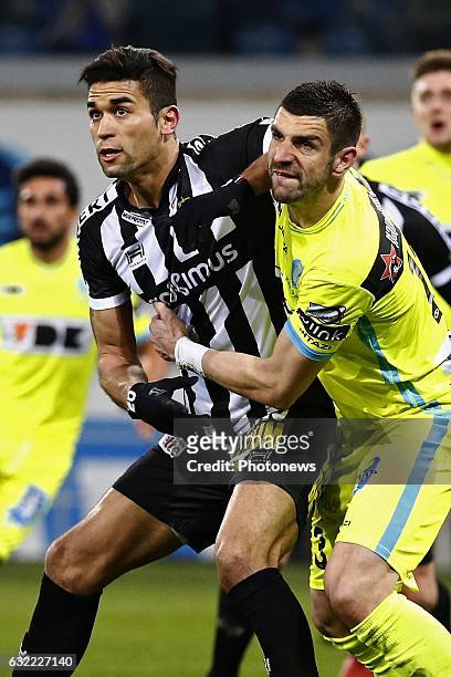 Stefan Mitrovic defender of KAA Gent and Hamdi Harbaoui forward of Sporting Charleroi during the Jupiler Pro League match between KAA Gent and R....